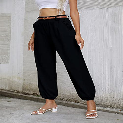 OEAK Damen Leinen Hose Haremshose Lang Chino Einfarbig Sommerhose Pumphose Aladinhose Pluderhose Baggy Harem Stil Strandhose mit Gürtel,Marine,Gr.L