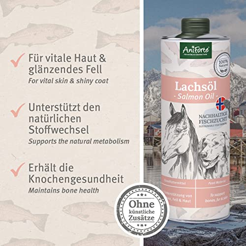 AniForte Lachsöl für Hunde & Pferde 1 Liter - Omega 3 & Omega 6 Fettsäuren, Premium Fischöl für Welpen, Adult, Senior, Lachsöl Hunde ohne Zusätze, Barf Zusatz, Recyclebare Verpackung