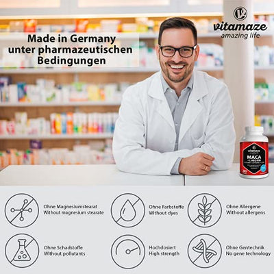 Maca Kapseln hochdosiert 4000 mg + L-Arginin + Vitamine + Zink, 240 Kapseln mit 4000 mg Pulver aus der Maca Wurzel für 2 Monate, Pflanzliche Nahrungsergänzung ohne Zusätze, Made in Germany