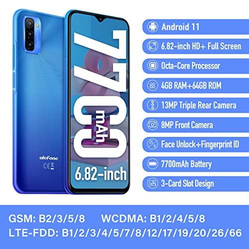 7700mAh Ulefone Note 12P Handy ohne Vertrag 2022 OTG Reverse Charge 6,82-Zoll Android 11 OS Smartphone, Octa-Core 4+64GB/SD-128GB,3-Kartensteckplatz, Schlanke Struktur 4G Dual SIM Handy (Blau)