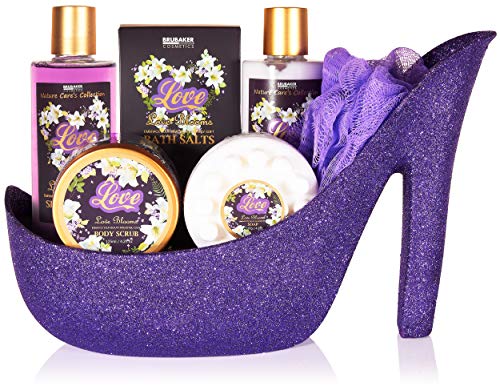 BRUBAKER Cosmetics Beautyset Lila Blütenzauber - Bade- und Duschset - 7 tlg. Geschenkset in Glitzer Stiletto