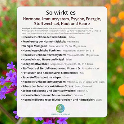 BonVigo® Schilddrüse Kapseln - Normale Schilddrüsenfunktion*, Hormone regulieren** - Pflanzen-Orthomolekular Komplex: Ashwagandha, Yams, Bärlauch, L-Tyrosin, Selen, Zink, Eisen, Vitamine A-B-D-E (1)