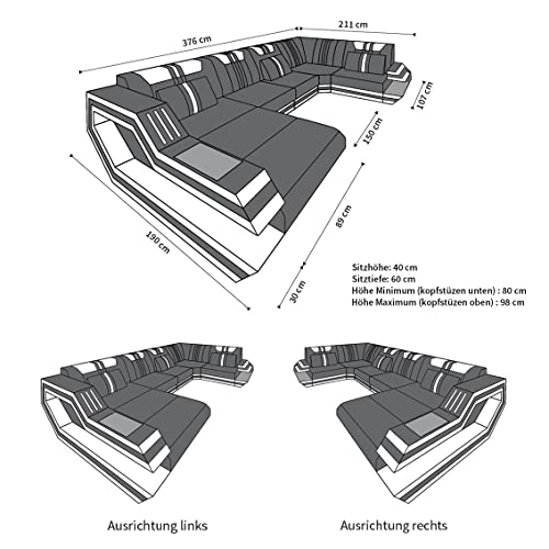 Wohnlandschaft Ravenna Sofa U Form Ledersofa - mit LED Beleuchtung, verstellbare Kopfstützen, Recamiere/Lederfarben wählbar/Ausrichtung wählbar (Ottomane rechts, Schwarz-Orange)