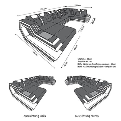 Wohnlandschaft Ravenna Sofa U Form Ledersofa - mit LED Beleuchtung, verstellbare Kopfstützen, Recamiere/Lederfarben wählbar/Ausrichtung wählbar (Ottomane rechts, Schwarz-Orange)