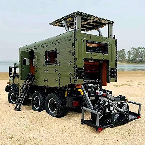 LEJ J907 RC Technik Offroad Wohnmobil Truck mit Dual Fernbedienung Power Pack + Beleuchtung Klemmbaustein Bausatz mit Motorrad kompatibel mit Lego Technic 6689 Teile