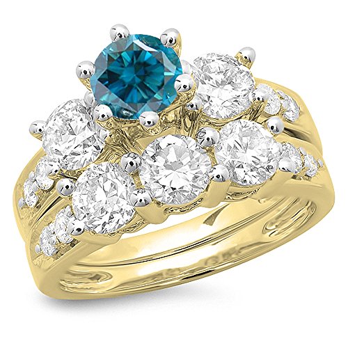 Damen Ring / Ehering 3.10 Karat 14 Karat Gelbgold Blau & Diamant 3 Stein Verlobungsring Ehering Set 3 1/10 Karat