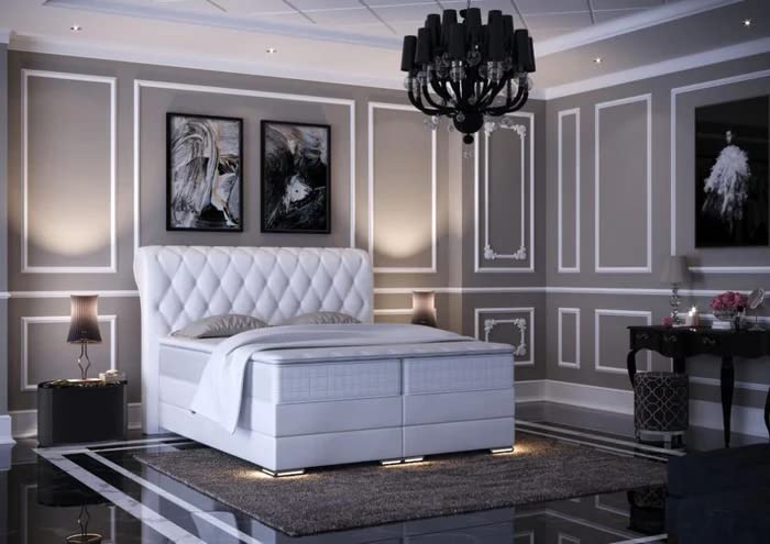 Baron Chesterfield Boxspringbett mit Bettkasten Weiß Kunstleder 200 x 200 cm/LED-Fuß