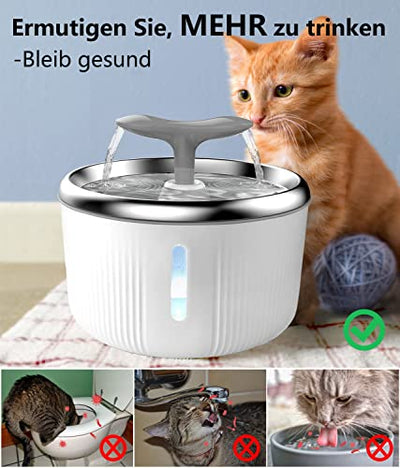 PewinGo Katzen Trinkbrunnen Edelstahl, Trinkbrunnen für Hunde Haustier Katzenbrunne rutschfest Automatisch Katze Wasserspender mit LED Nachtlicht, 4 Spielzeug and 1 Aktivkohlefilter - 2L