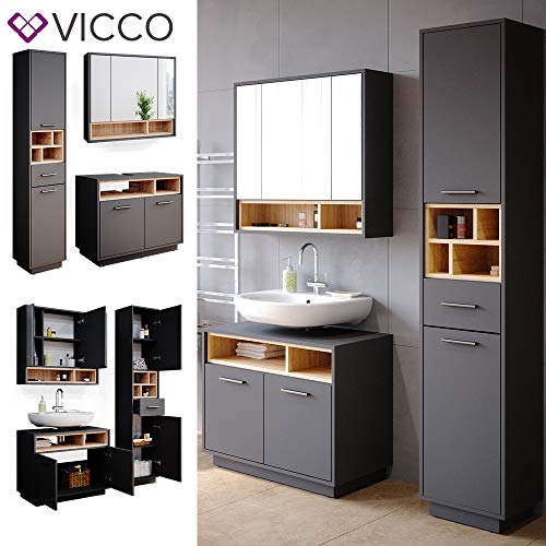 Vicco Badmöbel Set Beatrice Spiegelschrank Waschtischunterschrank Badschrank (3er-Set, Anthrazit-Sonoma)