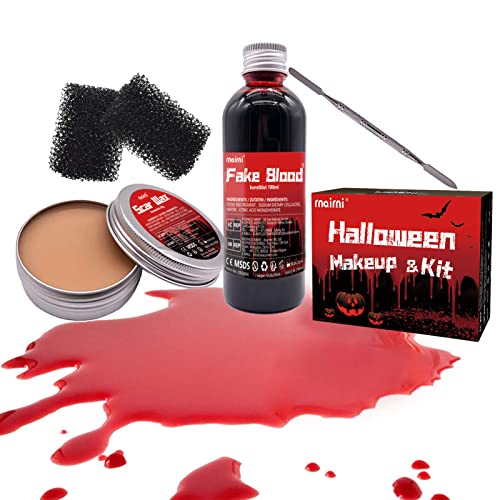 rnairni Halloween Plasma Makeup Spezialeffekt Haut Wachs and Filmblut, Narbenwachs 50g & Fake Blood Kunstblut 100ml & Schwamm & Spatel, für Halloween Partys, Kostümfeste, Karneval, Vampir, Zoombie