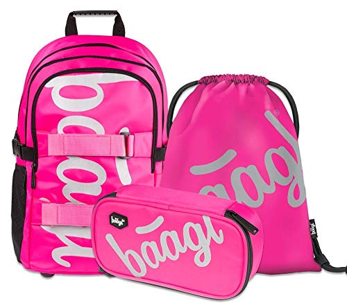 Schulrucksack Set Mädchen 3 Teilig, Schultasche ab 3. Klasse, Grundschule Ranzen mit Brustgurt, Ergonomischer Schulranzen (Skate Pink)