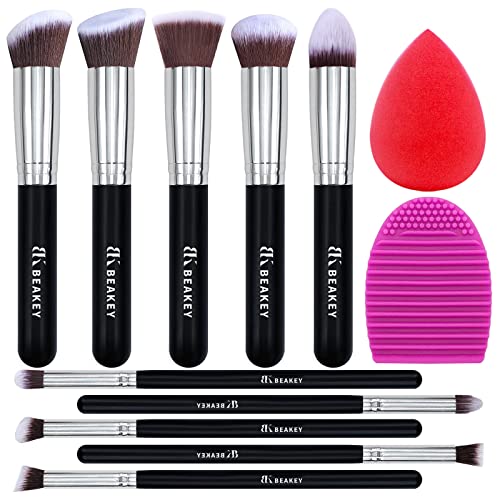 BEAKEY Pinselset Makeup, Professionelles Foundation Make up Pinsel Set Premium Synthetic Lidschatten Blush Schminkpinsel Set mit Beauty Schwamm und Bürsteswaschener mit Eiform (10+2 Stück, Silber)