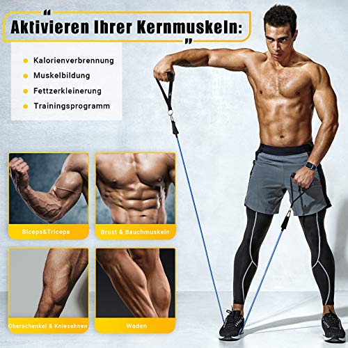 Resistance Bands Widerstandsbänder Set, 5 Fitnessbänder Expander Tube Bands, Fitnessband mit Großem Griff Knöchelriemen Türankerbefestigung Tragtasche, Ideal für Pilates Krafttraining Physiotherapie