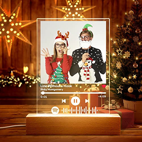 VEELU Spotify Glas Personalisiert LED Nachtlicht Song Cover Glas Bild mit Foto Spotify Platte Acrylglas Fotogeschenke für Männer Frauen Pärchen Geschenk Jahrestag Valentinstag Weihnachten