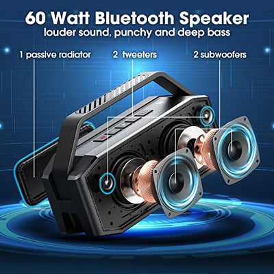 Bluetooth Lautsprecher, W-KING 60W Grosse Bluetooth 5.0 Box Musikbox Bass Boost, Lautester Tragbarer Kabelloser Lautsprecher IPX6 Wasserdicht, 40H Spielzeit, 12000mAh Powerbank, mit NFC, Mikrofon, AUX