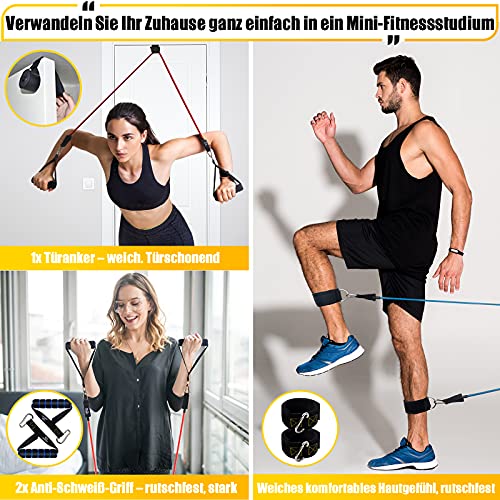 Resistance Bands Widerstandsbänder Set, 5 Fitnessbänder Expander Tube Bands, Fitnessband mit Großem Griff Knöchelriemen Türankerbefestigung Tragtasche, Ideal für Pilates Krafttraining Physiotherapie