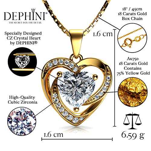 DEPHINI - 18 Karat Gold Halskette für Frauen, gelber Herzanhänger, feiner Schmuck, Zirkonia-Kristalle