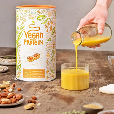 Vegan Protein - ERDNUSSBUTTER - Pflanzliches Proteinpulver aus gesprossten Reis, Erbsen, Sojabohnen, Leinsamen, Amaranth, Sonnenblumen- und Kürbiskernen - 600g Pulver