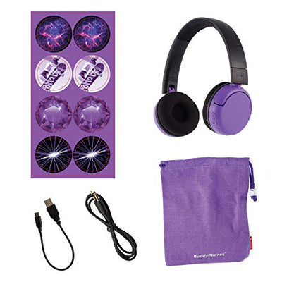 Fire 7 Kids Pro-Tablet (kindgerechte Hülle mit „Graffiti-Design“-Design) + BuddyPhones PopTime-Bluetooth-Headset (violett, Altersklasse: 8-15 Jahre) + NuPro-Displayschutzfolie (2er-Pack)