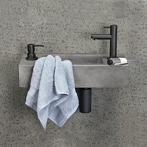 Differnz Jax Waschbecken klein - Handwaschbecken Beton Grau - Armaturen Matt Schwarz - Seifenspender - Wasserhahn Rechts - Waschtisch - 42 x 18.5 x 9 cm