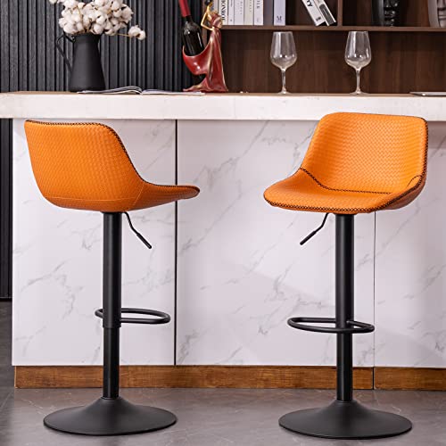 YOUNUOKE 2X Barhocker Barstuhl Geflochtene Design Küchenstühle, Hochwertiger Kunstleder Gepolsterter Sitz mit Rückenlehne, Thekenhocker Höhenverstellbar und 360° Drehbar für Küche und Bar Orange