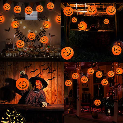 Qedertek Halloween Deko Garten, Kürbis Lampion mit batterie, 20cm Orange Papierlaterne mit Kürbismuster, Halloween Papier Lampion für kinder, Halloween Lampion Mit Haken deko für Traufe (4 Pack)