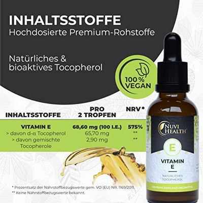 Vitamin E - 100 I.E - 500 Tropfen = 50 ML - Premium: Natürliches bioaktives D-alpha-Tocopherol aus Sonnenblumenkernen - Hochdosiert - Vegan - Laborgeprüft