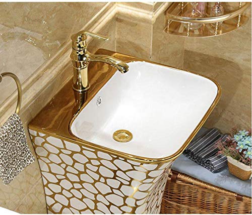 Becken Waschbecken Mosaik Gold Wunderschönes rechteckiges Standwaschbecken Keramik-Badezimmer-Waschbecken mit Ständer Standwaschbecken mit Überlauf