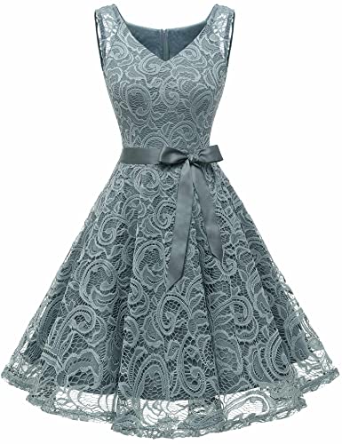 Dressystar DS0010 Brautjungfernkleid Ohne Arm Kleid Aus Spitzen Spitzenkleid Knielang Festliches Cocktailkleid Grau XXL