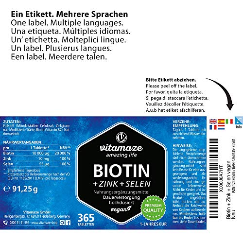 Biotin hochdosiert 10.000 mcg + Selen + Zink für Haarwuchs, Haut & Nägel - Der VERGLEICHSSIEGER* - 365 vegane Tabletten für 1 Jahr, Nahrungsergänzung ohne Zusatzstoffe, Made in Germany