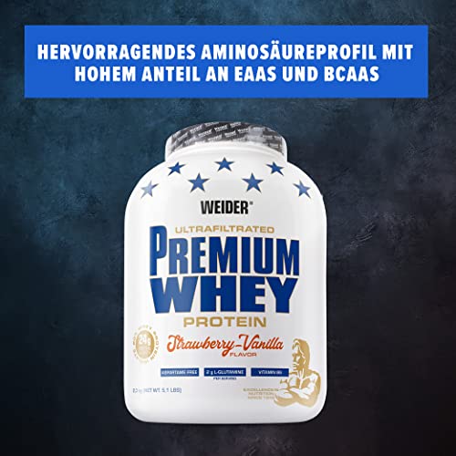 Weider Premium Whey Protein Pulver, hochwertiges Eiweißpulver mit Whey Isolat zum Muskelaufbau mit hohem Anteil an EAA, BCAA und freiem L-Glutamin, perfekte Löslichkeit – Erdbeer-Vanille, 2,3kg