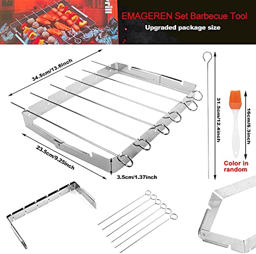 EMAGEREN Grillspieße edelstahl BBQ Schaschlikspieße Edelstahl Set Grillspieß Aufsatz Grill-Rahmen Schaschlik Fleischspieße BBQ Grill-Zubehör mit 6 Spießen, 2 Silikonbürsten für Schaschlikgrill