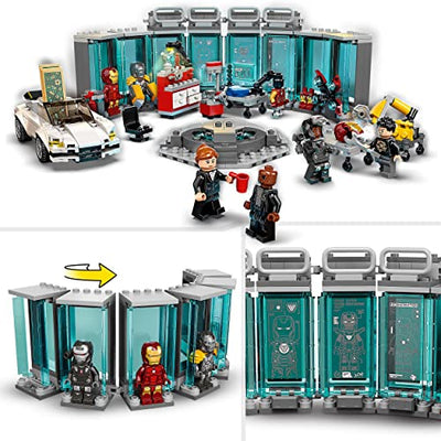 LEGO 76216 Marvel Iron Mans Werkstatt mit Anzügen, Spielzeug zum Bauen, Avengers-Set mit Minifiguren, Geschenk für Kinder ab 7 Jahren