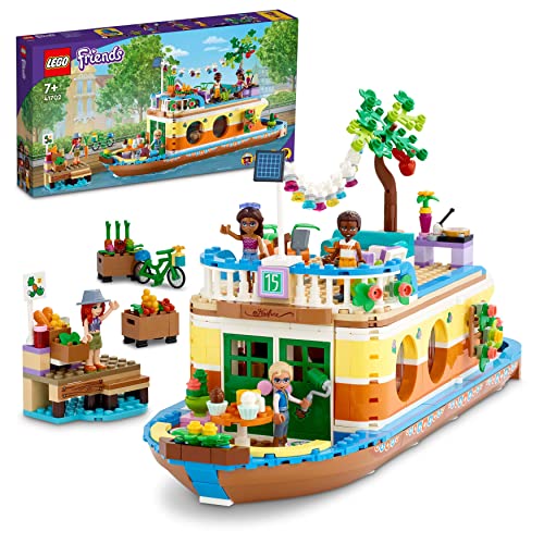 LEGO 41702 Friends Hausboot, Spielzeugboot für Jungen und Mädchen ab 7 Jahren mit Garten, 4 Mini-Puppen und Tierfigur, von Natur inspiriertes Geschenk