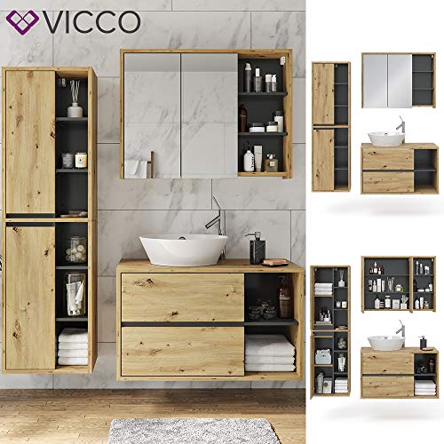 Vicco Badmöbel Set Viola Spiegelschrank Hochschrank Waschtischunterschrank (Anthrazit-Eiche)