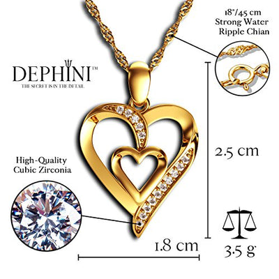 DEPHINI Gold Halskette - Gelb Hallmarked 18 Karat Gold - Double Love Herz Anhänger mit CZ-Kristallen - Feine Schmuck Frau Halskette - 18 Karat Gold Kette 18 Zoll - A + Zirkonia - Geschenke für Frauen