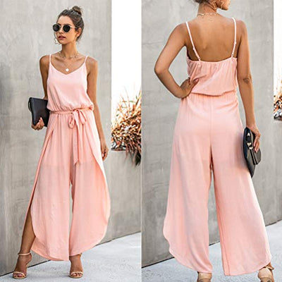 Damen Jumpsuit Sommer Lang V Ausschnitt Overall Ärmellos Träger Playsuit Romper Weitem Bein Hosenanzug