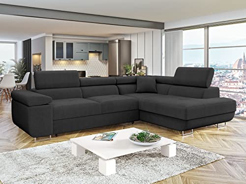 Ecksofa Torezio mit Bettkasten, Einstellbare Kopfstützen, Sofa mit Schlaffunktion, Eckcouch für Wohnzimmer, Polsterecke, L-Form Couch mit Bettfunktion, Wohnlandschaft (Seite: Rechts, Manila 18)