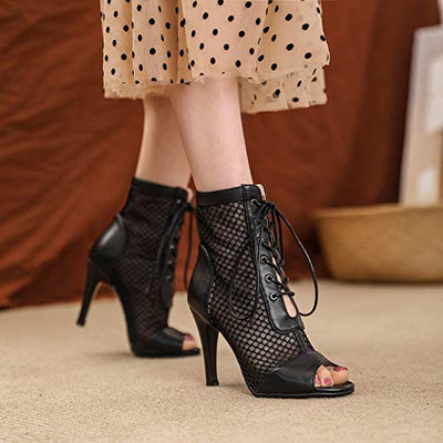 Ducarulan Damen Mode Sommer Mesh Booties Peep Toe High Top Sandalen Stiletto Lace up Gladiator Sandalen Party Schuhe Heels Black Gr 34