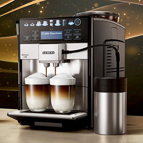 Siemens Kaffeevollautomat EQ.6 plus s700 TE657M03DE, für viele Kaffeespezialitäten, Milch-Aufschäumdüse, Keramikmahlwerk, Doppeltassenfunktion, Antikalk, automatische Dampfreinigung, 1500 W, edelstahl