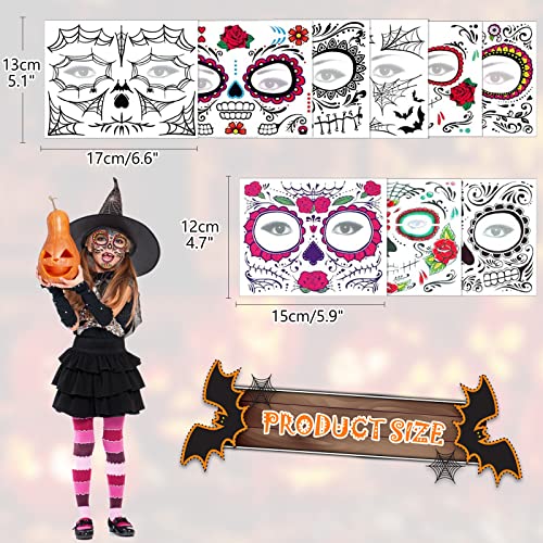 Halloween Schminke Aufkleber, 10 Stück Gesichtstattoo Halloween Totenkopf Gesicht Tattoo Tag der Toten Gesicht Tattos für Kinder Erwachsene Halloween Fasching Maskerade Cosplay Party