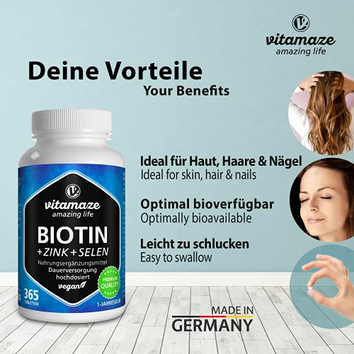 Biotin hochdosiert 10.000 mcg + Selen + Zink für Haarwuchs, Haut & Nägel - Der VERGLEICHSSIEGER* - 365 vegane Tabletten für 1 Jahr, Nahrungsergänzung ohne Zusatzstoffe, Made in Germany