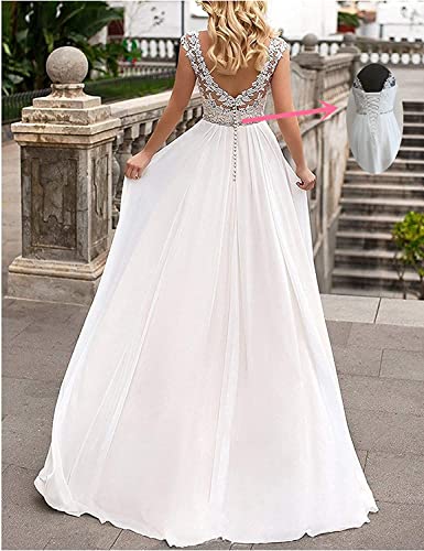 YASIOU Elegant Hochzeitskleid Damen Lang Hochzeitskleider Spitze Chiffon Brautmode Rückenfrei Weiß Vintage Spitze A Linie Brautkleid Abendkleider