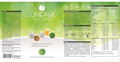 LINEAVI Diät Aktivkost, Abnehm Shake mit angenehmen Geschmack, Mahlzeitenersatz aus Soja-, Erbsen-, Reis- und Molken Eiweiß, laktosefrei und glutenfrei, deutsche Herstellung, 500g + Shaker