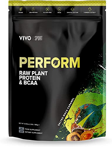 Vivo Life PERFORM – Rohes Veganes Proteinpulver. Erbsen- & Hanf-Proteinmischung mit BCAA - Gesalzenes Maca Karamell, Mit Salz aus Punjab Pakistan (988g)