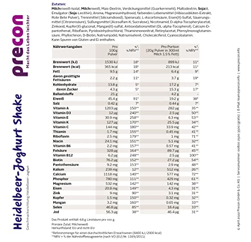 Precon BCM Diät Shake zum Abnehmen – Heidelbeer Joghurt – 24 Portionen (480 g) – Mahlzeitenersatz für eine gewichtskontrollierende Ernährung