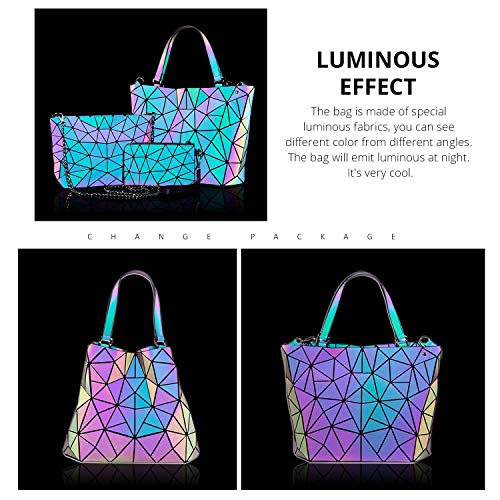 LOVEVOOK Handtasche Set Damen, Geometrische Holographic Taschen, 3pcs Umhängetasche Henkeltasche Geldbörse PU Leder, Leuchtende Schultertasche, Beste Geschenk für Frauen, A-3 Sets