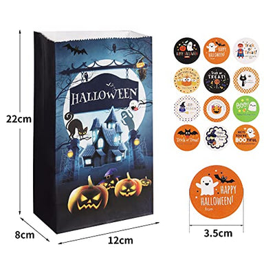 Halloween Süßigkeit Taschen Behandelt Taschen, AUERVO 20 Stück Kinder Halloween Candy Papiertüten für Süßes oder Saures mit 24 Stück Halloween Aufkleber, Partytüten Papier Geschenktüten Goodie Taschen