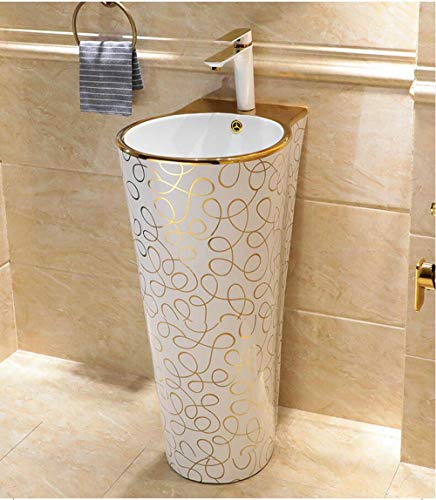 YYZD® Keramik Waschbecken Mosaik Gold stilvolle runde Sockel Waschbecken Keramik Waschbecken mit Ständer Sockel Waschbecken mit Überlauf