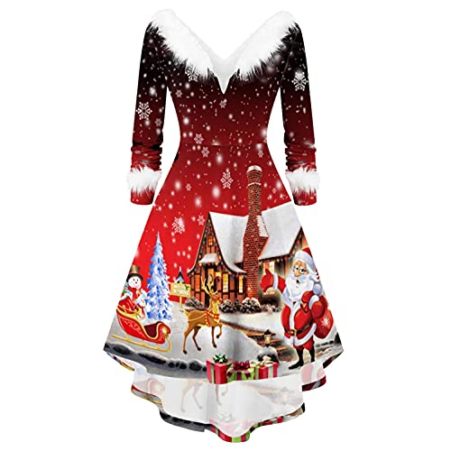 Weihnachtskleid Damen mit Plüsch Kragen Elegant Abendkleider Weihnachtskostüme Damen für Weihnachtsfeier Swing Plisseekleid Knielang A-Linie Cocktailkleid für Silvester Karneval